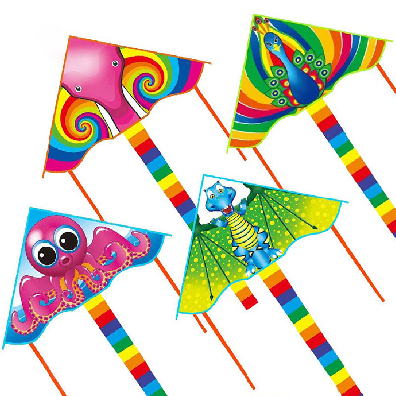Kids' Cartoon Animal Delta Kite Set: Shark, Elephant, Octopus, Peacock, Dinosaur