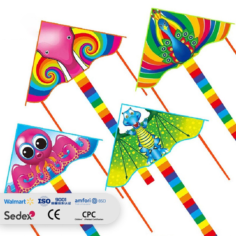 Kids' Cartoon Animal Delta Kite Set: Shark, Elephant, Octopus, Peacock, Dinosaur