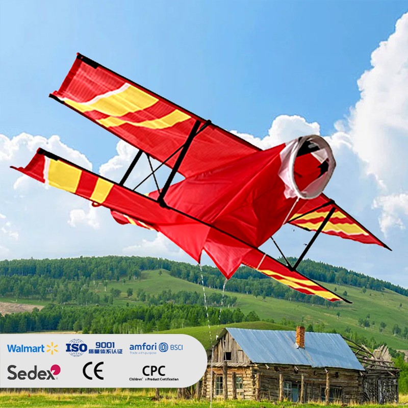 3D Biplane Kite, Large Simulation Fighter Plane Kite, Red Yellow Double‑Wing Aircraft Kite, Easy To Fly Outdoor Toy for Kids & Adults